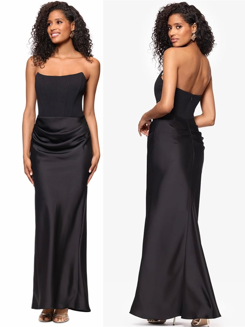 Betsy & Adam Women's Corset with Ruched Satin Skirt Floor-Length Strapless Gown